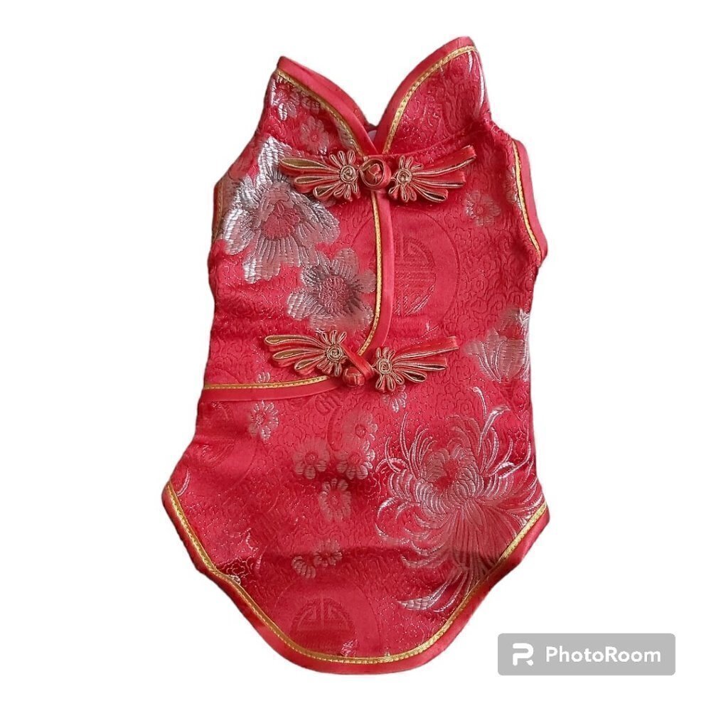Chinese New Year Red Floral Dog Shirt With Gold Accents - Size Small